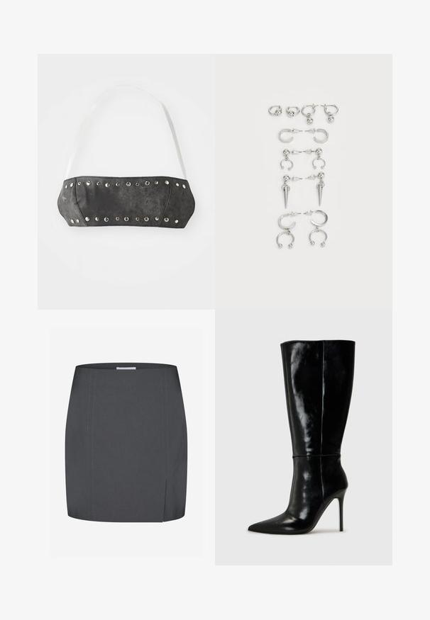 Bandeau de imitación cuero negro con tachuelas de metal plateado a lo largo del borde frontal; cuenta con tirantes ajustables blancos. Textura suave, forma estructurada.; Envii SPLIT - Falda de tubo - grey; Botas de cuero negro hasta la rodilla con punta afilada y tacón alto de aguja. Textura suave y diseño elegante, con detalles mínimos.; Conjunto de pendientes de plata con diversos diseños: aros, tuercas y estilos colgantes, con acentos de bola y elementos puntiagudos.