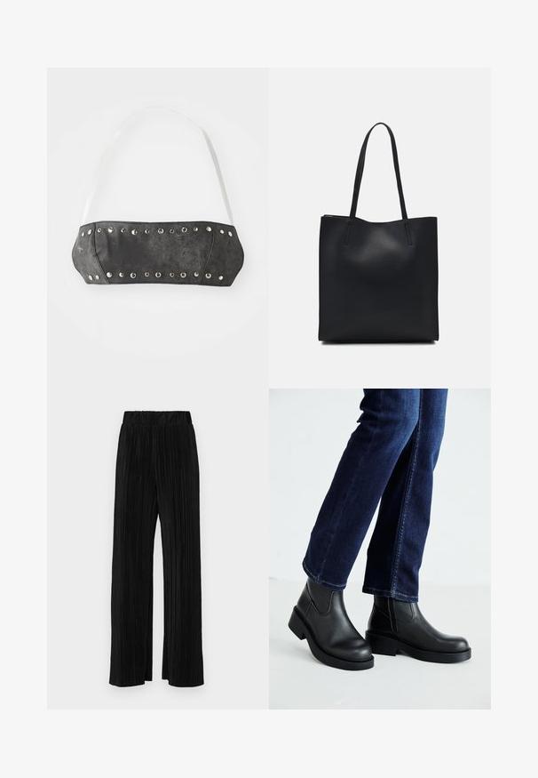 Black faux leather bandeau with silver metal studs along the front edge; features white adjustable straps. Smooth texture, structured shape.; Black pleated trousers with an elastic waistband. Features wide legs and a smooth, textured fabric with vertical stripes.; Black leather ankle boots with a chunky sole and side elastic panels, paired with dark blue jeans. The ground is light-colored.; Black leather tote bag with smooth texture, rectangular shape, and two long handles. No visible hardware or embellishments.