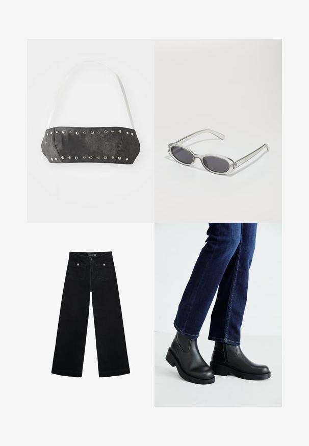 Schwarzes Kunstleder-Bandeau mit silbernen Metallnieten entlang der vorderen Kante; verfügt über weiße verstellbare Träger. Glatte Textur, strukturierte Form.; Schwarze, weit geschnittene Jeans mit hoher Taille, die zwei Fronttaschen und metallene Knopfakzente aufweist. Der Stoff hat eine glatte Textur.; Schwarze Lederstiefeletten mit einer dicken Sohle und seitlichen Elastikeinsätzen, kombiniert mit dunkelblauen Jeans. Der Boden ist hellfarbig.; Sonnenbrille mit ovaler Form, klarem Kunststoffrahmen, dunkelgrauen Gläsern und dünnen transparenten Bügeln mit Logo-Akzenten und minimalen Details.; Silberne Tropfenohrringe mit einem quadratischen Stecker, die eine glatte, polierte Oberfläche und eine Tropfenform aufweisen, die Licht mit einer glänzenden Oberfläche reflektiert.