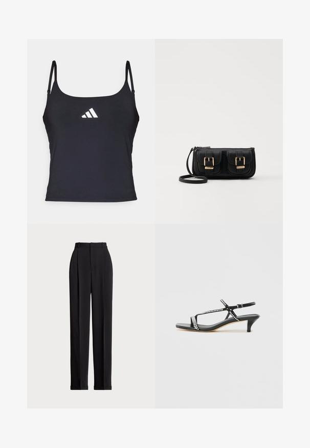 Juodas sportinis maikutė su plonomis petnešėlėmis, kuri turi baltą Adidas logotipą priekyje. Lygus audinys su prigludusia forma.; Juodos pritaikytos kelnės su aukštu liemeniu, su klostėmis priekyje, tiesaus kirpimo ir užlenktais kraštais. Pagamintos iš lygaus audinio.; Juodos kulniukinės šlepetės su kryžminėmis juostelėmis ir deimantiniais papuošimais, turinčios žemą kulną ir lygų, matinį paviršių.; Juodas odinis per petį nešiojamas krepšys su dviem priekiniais kišenėmis, auksiniais sagtimis, užtrauktuko uždarymu ir siauromis petnešomis. Textūruota paviršius ir kompaktiškas stačiakampis formatas.