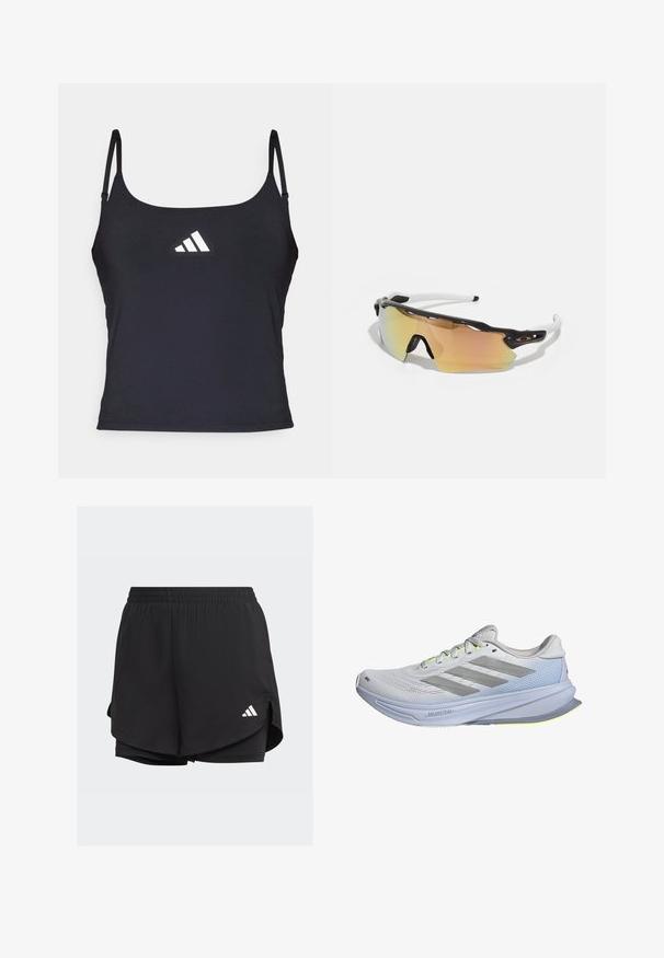 Schwarzes Sporttanktop mit dünnen Trägern, mit einem weißen Adidas-Logo auf der Vorderseite. Glatter Stoff mit taillierter Passform.; Schwarze Sportshorts mit elastischem Bund, geschichteter Optik, inneren enganliegenden Shorts und einem weißen Logo auf der unteren linken Seite.; Laufschuhe mit einem leichten Netz-Obermaterial in Weiß, akzentuiert mit grauen Streifen. Die Sohle hat eine leichte Kurve und neon-gelbe Akzente.; Sonnenbrille mit einem schwarz-weißen Rahmen, großen verspiegelten Gläsern in Gold- und Rosatönen, aerodynamischem Design und einem erweiterten äußeren Rand.