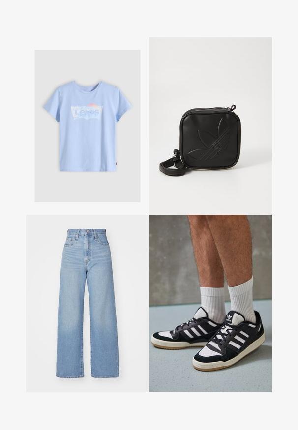 Light blue short-sleeve T-shirt made of cotton, featuring a white and pastel graphic with "Levi's," including a wave and sun design.; Light blue high-waist wide-leg jeans with front button and zip closure, front and back pockets, on a white background.; Black and white sneakers with a suede and leather upper, featuring three white stripes, a perforated toe, and a gum rubber sole.; Black square crossbody bag made of textured synthetic material. Features an embossed logo design and adjustable strap. Zipper closure.
