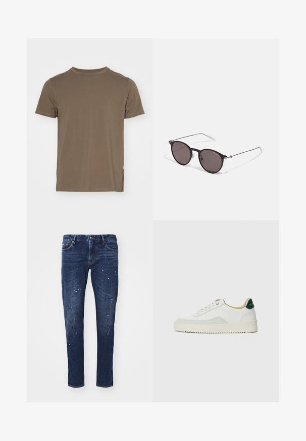 Tricou din bumbac maro, cu mâneci scurte, guler rotund și o croială lejeră. Dispune de slituri laterale la tiv pentru un plus de confort.; Jeans din denim de culoare albastru închis, cu o croială slim, prezentând stropi de vopsea, cusături vizibile și un design standard cu cinci buzunare. Croială dreaptă a piciorului.; Sneaker alb cu accente din suede, vârf rotund, șireturi plate și o talpă din cauciuc crem. Are un logo verde pe călcâie.; Ochelari de soare negri rotunzi cu lentile întunecate și brațe metalice subțiri. Include vârfuri transparente pentru brate și accente argintii la balama. Design minimalist.