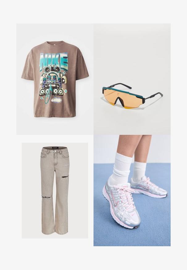 Ruda medvilnė marškinėliai su ryškiu, spalvingu boomboxo ir dviračio grafiniu dizainu. Dizainas apima žodį "NIKE" didelėmis mėlynomis raidėmis.; Šviesiai pilki džinsai, laisvo kirpimo, su nusidėvėjimo akcentais, skylėmis keliuose ir išblukusia tekstūra. Komplekte yra penki kišenės ir diržo kilpos.; Nike bėgimo batai su sidabriniu tinkleliu ir rožiniais akcentais, balta raišteliu ir tekstūruotu padu. Dėvimi su baltais medvilniniais sportiniais kojiniais.; Sportiniai saulės akiniai su kampuota forma, juodu rėmeliu, mėlynomis akcentais ir oranžinėmis objektyvo spalvomis. Pasižymi minimaliais raštais ir plonomis kojelėmis.