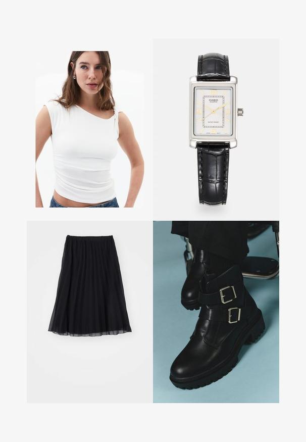Vit åtsittande topp med asymmetrisk nacke och vridna axeldetaljer. Slät tyg med lätt rynkning längs sidan.; Svart plisserad kjol av genomskinlig tyg, med elastisk midja. Flödande design som sträcker sig till mitt på vaden, med vertikala veck.; Svarta läderankelstövlar med två justerbara spännen, texturerad sula och rund tå. Utformade för hållbarhet och stabilitet.; Casio rektangulär kvartsur med silverfärgad urtavla, guldaccenter, svart krokodilpräglat läderrem och vattentålig funktion.; Sex par guldörhängen i hoops arrangerade efter storlek i två kolumner på en vit bakgrund, med en slät, robust design.