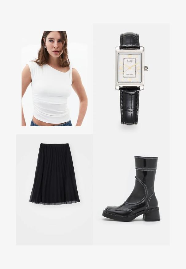 Top bianco aderente con scollatura asimmetrica e dettaglio spalle torcete. Tessuto morbido con leggera arricciatura lungo il lato.; Gonna nera plissettata realizzata in tessuto trasparente, con una cintura elastica. Design fluido che arriva fino al polpaccio, mettendo in mostra pieghe verticali.; Stivale alla caviglia in pelle verniciata nera con cuciture bianche, punta arrotondata e tacco a blocco. Presenta linee di design curve e una texture liscia.; Orologio quadrato al quarzo Casio con quadrante argentato, dettagli dorati, cinturino in pelle nera imperlata e funzione di resistenza all'acqua.