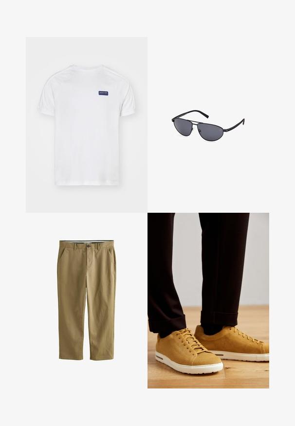 Biała koszulka z krótkim rękawem i rękawami raglanowymi, z niebieskim prostokątnym logo po lewej stronie klatki piersiowej oraz delikatną fakturą na tkaninie.; Khaki chinos wykonane z mieszanki bawełny, z dwiema kieszeniami bocznymi, zapięciem na guzik, prostymi nogawkami i gładką teksturą.; Żółte tenisówki z prążkowanej tkaniny z białymi podeszwami, z okrągłym czubkiem, sznurowanym zapięciem i teksturowaną powierzchnią, noszone z czarnymi spodniami z mankietami na drewnianej podłodze.; Czarne okulary pilotki z szarymi soczewkami, cienkimi metalowymi oprawkami, zakrzywionym kształtem i silikonowymi noskami dla komfortu.