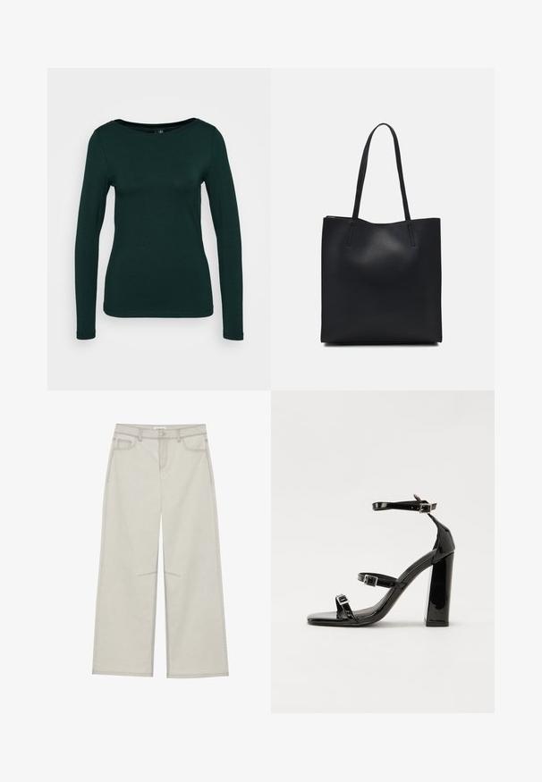 Langärmliges Oberteil in Dunkelgrün, aus weichem Material gefertigt. Verfügt über einen runden Ausschnitt und eine taillierte Passform mit nahtlosen Kanten. Minimalistischer Stil.; Hellgraue, weit geschnittene Hose mit fünf Taschen, vorderem Knopfverschluss und kontrastierenden Nähten. Der Stoff wirkt weich und langlebig.; Schwarze patentierte Sandalen mit Absatz, quadratischer Spitze, Knöchelriemen und silbernen Schnallen. Mit einem stabilen Blockabsatz für mehr Stabilität.; Schwarze Laptoptasche aus Leder mit glatter Textur, rechteckiger Form und zwei langen Griffen. Keine sichtbaren Beschläge oder Verzierungen.