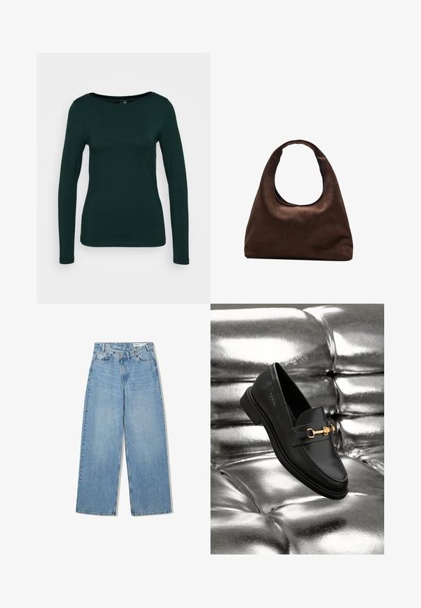 Dlouhý rukáv top v tmavě zelené barvě, vyrobený z měkké látky. Má kulatý výstřih a priléhavý design s bezešvými okraji. Minimalistický styl.; Světlé modré široké džínové kalhoty vyrobené z denimu, s vysokým pasem, pěti kapsami, knoflíkovým zapínáním a jemným vyblednutím pro texturu.; Černé kožené loafery s detaily zlatého kovu. Obuv má elegantní design a hladký, lesklý povrch.; Měkká hnědá kabelka ve stylu hobo s jedním širokým popruhem a zakřiveným horním otvorem, vystavená na bílém pozadí.