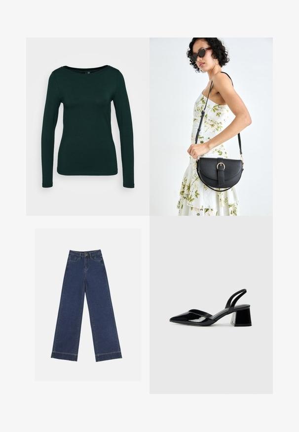 Dugmad s dugim rukavima u tamnozelenoj boji, izrađena od mekanog materijala. Ima okrugli izrez i uski kroj s bešavnim rubovima. Minimalistički stil.; Široke traperice u tamnoplavom denimu. Imaju pet džepova, petlje za pojas i siroki rub na dnu s vidljivim detaljima šavova.; Crne lakirane kožne sandale s otvorenom petom i špicastim vrhom, s geometrijskom blok petom. Imaju elegantan, minimalistički dizajn i glatku teksturu.; Crna kožna torba s lukovitim oblikom, odvojivim remenom i zlatnim detaljima. Torba ima preklop s kopčom.