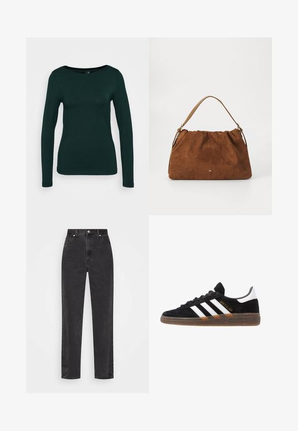 Dlouhý rukáv top v tmavě zelené barvě, vyrobený z měkké látky. Má kulatý výstřih a priléhavý design s bezešvými okraji. Minimalistický styl.; Černé džíny se rovnými nohavicemi a vysokým pasem, se zapínáním na knoflík a zip, a pěti kapsami na bílém pozadí.; Černé tenisky Adidas se bílými pruhy, zlatým textem "Spezial", gumovou podešví a bílou patní částí, zobrazené v bočním pohledu.; Hnědá semišová kabelka se skládáním, s jedním světlým koženým popruhem a decentním zlatým logem na přední straně.
