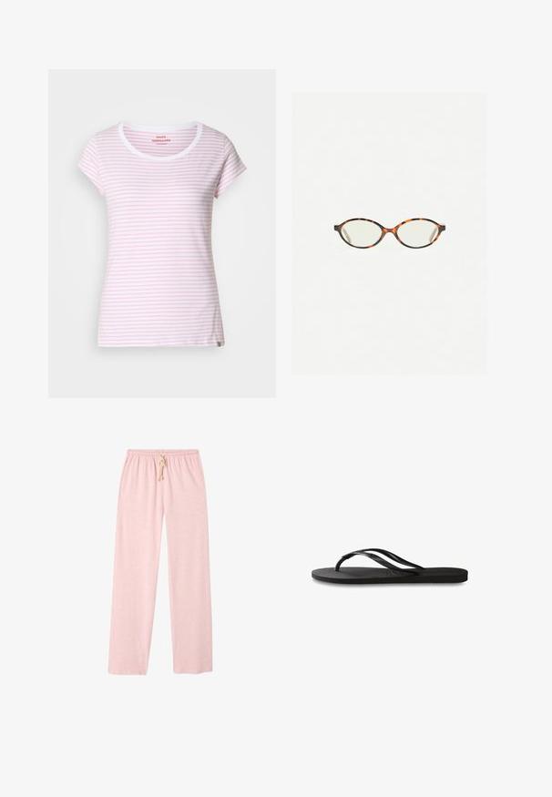 T-shirt rayé rose et blanc avec un col rond et des manches courtes. Confectionné dans un tissu doux avec une coupe régulière. Étiquette de marque discrète à l'ourlet.; Pantalons de détente en coton rose clair, à coupe ample, avec une taille élastique et un cordon de serrage. Texture lisse, design full-length.; Tongs noires avec une semelle en caoutchouc texturée, deux fines lanières et un détail de logo embossé subtil sur la lanière.; Lunettes en écaille de tortue avec des verres ovales et une finition lisse et élégante. Présente des branches fines avec une courbure subtile au niveau des tempes. Verres transparents.