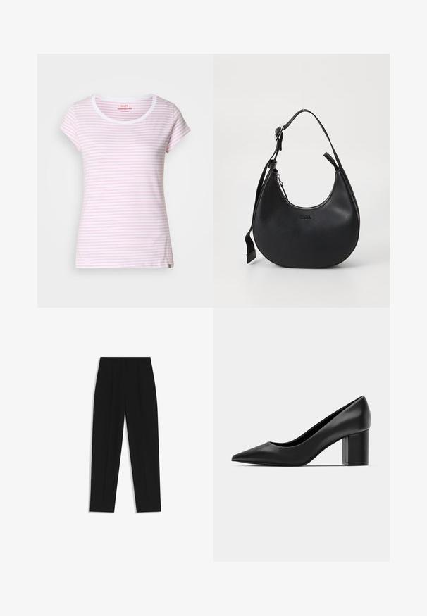 Pink and white striped t-shirt with a round neckline and short sleeves. Made of soft fabric with a regular fit. Subtle brand tag at the hem.; Black trousers with a straight fit, featuring double pleats, a smooth texture, and a classic waistband design. No visible hardware or accents.; Black leather pump with a pointed toe and a chunky square heel. Smooth texture, simple design, suitable for formal settings.; Black leather shoulder bag with a curved shape, zip closure, and adjustable strap. Features embossed brand logo on the front.