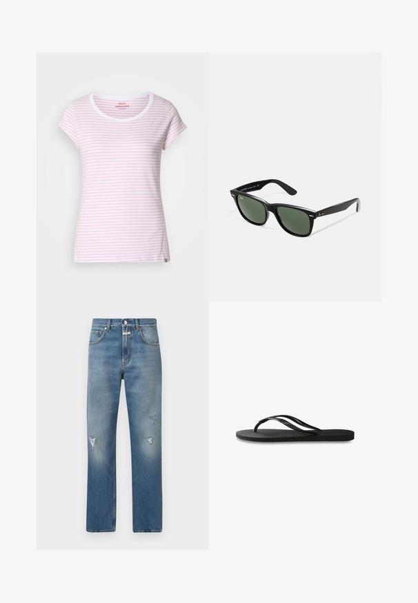 T-shirt rayé rose et blanc avec un col rond et des manches courtes. Confectionné dans un tissu doux avec une coupe régulière. Étiquette de marque discrète à l'ourlet.; Jeans en denim bleu clair avec une coupe ample, présentant des patchs déchirés et une fermeture éclair. Design classique à cinq poches et jambes droites.; Tongs noires avec une semelle en caoutchouc texturée, deux fines lanières et un détail de logo embossé subtil sur la lanière.; Lunettes de soleil en plastique noir avec verres verts, monture carrée, accent argenté sur le sourcil et branches texturées. Marque indiquée sur l'intérieur de la branche.
