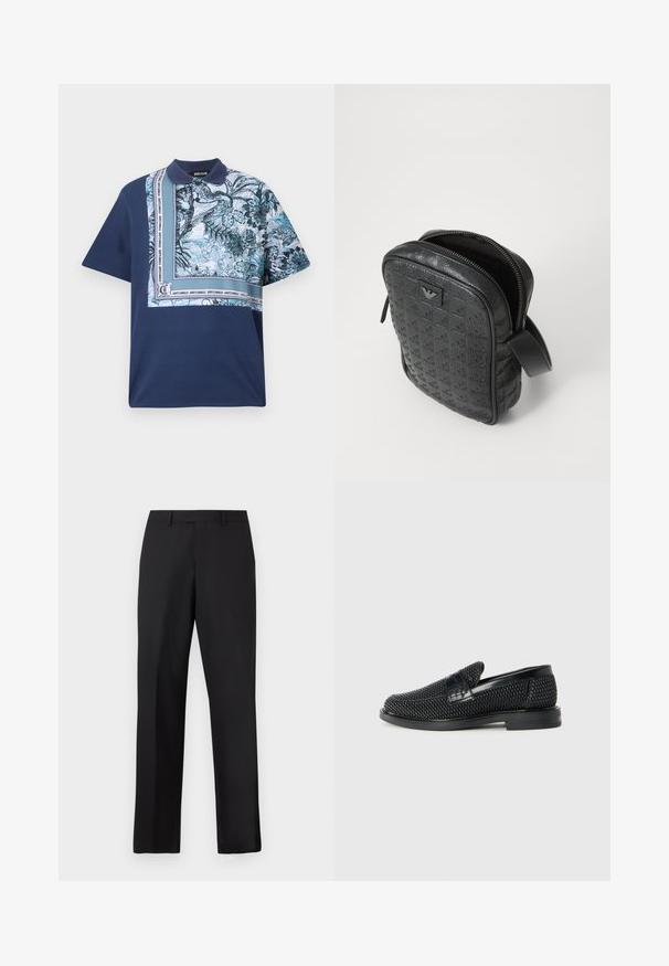 Marineblauwe polo met korte mouwen, versierd met een kleurrijk bloemenpatroon aan één kant, voorzien van een gestructureerde kraag en accentuerende logo-details langs de naad.; Zwarte, rechte broek van gladde stof. Voorzien van een standaard tailleband en geen zichtbare patronen of accenten.; Zwartegeweven instap schoenen met een glad leren accent aan de bovenkant, een ronde neusontwerp en een laag profiel rubberen zool.; Zwarte, gestructureerde leren tas met een geometrisch patroon, rechthoekige vorm, bovenrits en een kort handvat. Heeft een logo-opdruk aan de voorkant.