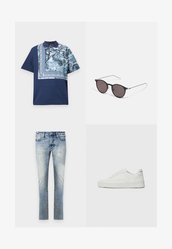 Granatowa, krótko rękawowa koszulka polo z kolorowym kwiatowym wzorem po jednej stronie, z teksturowanym kołnierzykiem i akcentowanymi detalami logo wzdłuż szwu.; Jasnoniebieskie dżinsy z wyblakłym wykończeniem, wąski krój, pięć kieszeni i kontrastowe szwy.; Białe skórzane sneakersy o gładkim wykończeniu, okrągłym nosku, płaskich sznurówkach i teksturowanej podeszwie. Charakteryzują się delikatnym logo na pięcie.; Czarne okrągłe okulary przeciwsłoneczne z ciemnymi soczewkami i smukłymi metalowymi ramkami. Zawierają przezroczyste końcówki zauszników oraz srebrne akcenty przy zawiasie. Minimalistyczny design.
