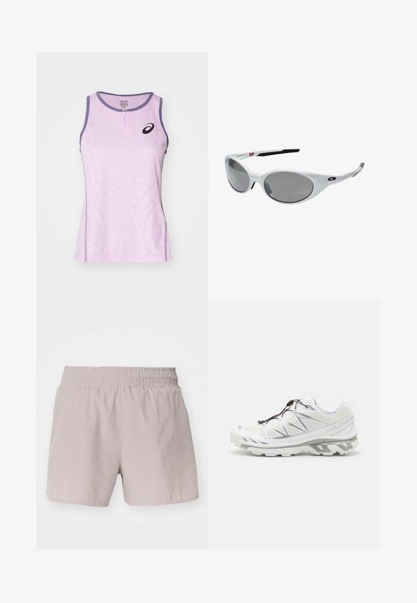 Helllila Sporttanktop mit einem Reißverschluss vorne, ausgestattet mit einem strukturierten Design und kontrastierenden dunkel-lila Akzenten am Halsausschnitt und an den Seiten.; Helle beigefarbene Shorts mit elastischem Bund, glatter Textur und einfachem Design. Verfügt über keine sichtbaren Verschlüsse oder Muster.; Weißer Sportschuh mit strukturiertem Obermaterial, reflektierenden Akzenten und grauer Sohle. Verfügt über betonte dreieckige Muster und ein Schnellschnürsystem.; Weiße Kunststoff-Sonnenbrille mit großen, ovalen Gläsern in grauer Tönung. Verfügt über schwarze Ohrpolster und ein kleines Logo am Rahmen. Glatte Oberfläche.