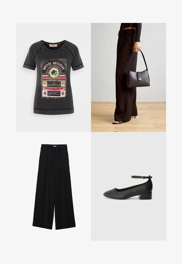 Čierne bavlnené tričko s farebnou grafickou potlačou a dekoratívnym textom s prírodnými akcentmi. Okrúhly výstrih a krátke rukávy.; Čierne široké nohavice s textúrovanou tkaninou, elastickým pásom a odnímateľným viazaním na páse pre nastaviteľné priliehanie.; Čierne kožené lodičky s špicatou špičkou a nízkym blokovým podpätkom. Obsahuje remienok okolo členka so zlatým prackou. Hladký povrch.; Čierna kabelka so štruktúrovaným tvarom, hladkou textúrou a kovovou sponou. V kombinácii so širokými čiernymi nohavicami a sandálmi s otvorenou špičkou na drevenej podlahe.