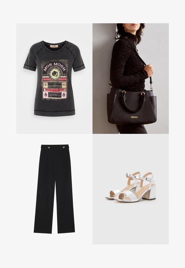 Črna bombažna majica s pisanimi grafičnimi potiskom, okrašenim besedilom in naravnimi motivi. Okrogla izreza in kratki rokavi.; Črne široke hlače s visokim pasom, gumbnimi detajli na pasu in sprednjimi gubami.; Srebrne sandale na visoki peti z odprtimi prsti, ki vključujejo dva široka traka in zaobljen blok peti. Gladka tekstura z metalnim končnim obdelavom.; Črna torbica z teksturirano površino, z dvema zgornjima ročajema in nastavljivim ramenskim pasom. Ima zlatovrateče dodatke in stranske žepe.