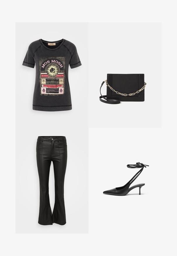 Black cotton t-shirt featuring a colorful graphic print with decorative text and nature-themed accents. Round neckline and short sleeves.; Black flared pants with a shiny, leather-like texture, featuring front pockets, a button closure, and side slits at the hem.; Black leather stiletto shoe with a pointed toe, open back, and ankle straps tied in a bow. Slim 3-inch heel. Smooth texture, minimalist design.; Black leather crossbody bag featuring a smooth texture, rectangular shape, and a metallic chain detail on the front. Adjustable strap included.