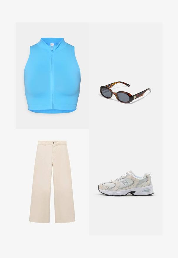 Jasne modré skrátené športové tričko s vysokým golierom a predným zipsom. Vyrobené z elastickej tkaniny, s hladkým povrchom a bez vzorov.; Široké nohavice z ľahkej béžovej bavlny, s gombíkovým zapínaním, jemne rozstrapkaným lemom a voľným strihom.; Športová obuv s hornou časťou zo svetlošedého sieťového materiálu so semišovými akcentmi, bielymi šnúrkami a čiernou gumovou podrážkou. Výrazný detail odpruženia ABZORB.; Hnedé korytnačie slnečné okuliare s oválnymi sklami a tmavošedým odtieňom. Na spánkoch majú zlatý akcent. Hladká plastová textúra.