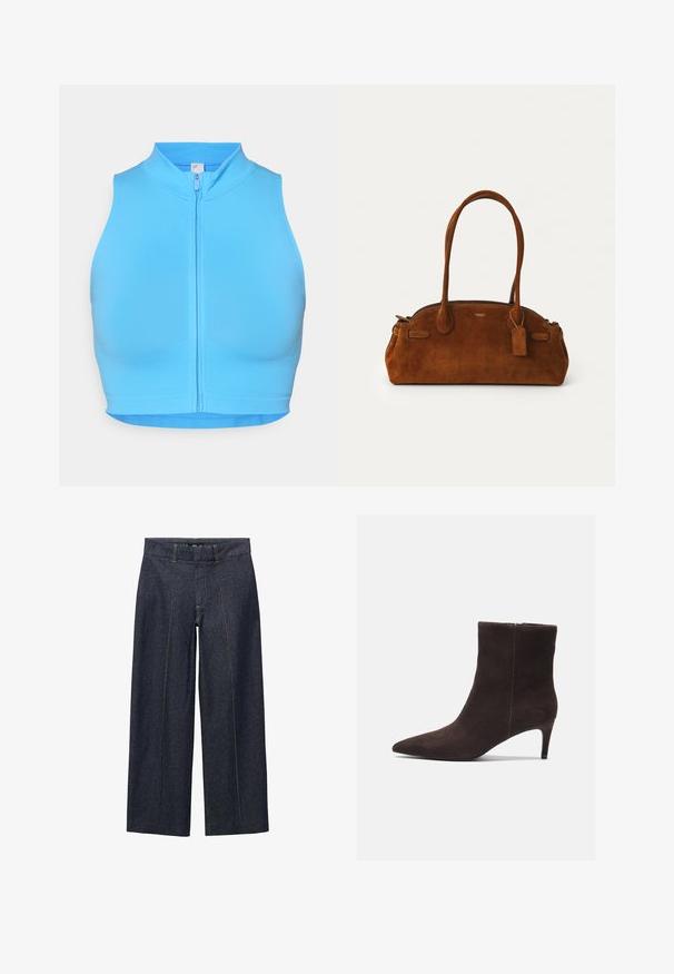 Helderblauwe sporttop met korte mouwen, hoge kraag en ritssluiting aan de voorkant. Gemaakt van rekbaar materiaal, met een gladde textuur en zonder patronen.; Donkerblauwe denim wijde broek met voornaad en een standaard tailleband. Voorzien van oranje stiksel en een cropped lengte.; Bruine suède enkellaarsjes met een spitse neus en een hak van 7,5 cm, voorzien van een gladde textuur en een minimalistisch ontwerp. Ritssluiting aan de achterkant.; Bruine suede handtas met twee ronde handvaten, gouden hardware, een klein label en een soepele ritssluiting. Bevat subtiele gestikte accenten.