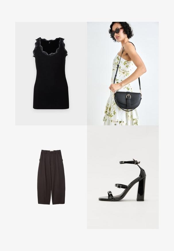 Sort tanktop med ribbet tekstur og bølget blondekant langs udskæringen og armhullerne. Tætsiddende design, uden ærmer, enkel silhuet.; Sorte brede bukser lavet af et glat stof, med høj talje, forfaldne folder og sidelommer. Simpelt design uden udsmykninger.; Sorte laklædersandaler med høje hæle, to spænderemme, firkantet tå og en kraftig blokhæl, der har en glat, blank overflade.; Sort læderhåndtaske med en buet form, aftagelig rem og guldfinish. Tasken har en klap med en spænde detalje.