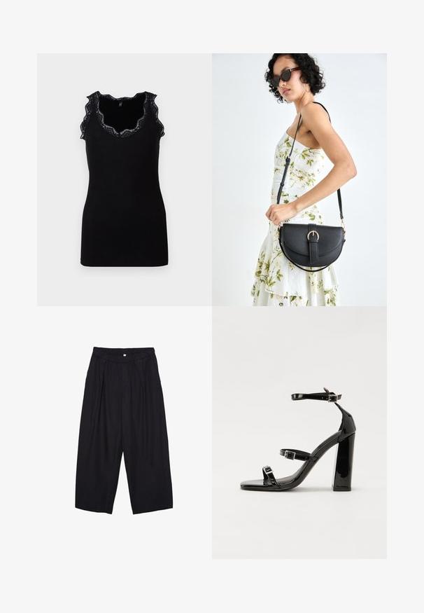 Musta toppi, jossa on ribbitekstuuri ja laineileva pitsireunus kauluksessa ja kädenteissä. Muotoiltu design, ilman hihoja, yksinkertainen siluetti.; Musta polyesterinen culotte-housut, jossa on joustava vyötärö, kaksi etupleettiä ja löysä siluetti. Ei näkyviä kuvioita tai metallisia yksityiskohtia.; Musta kiiltävä korkokenkä sandaalit neliönmuotoisella varpaalla, nilkkaremmillä ja hopeisilla soljilla. Varustettu tukevalla lohkokorkealla vakauden takaamiseksi.; Musta nahkainen käsilaukku, joka on kaareva muotoilultaan, irrotettavalla hihnalla ja kultaisilla yksityiskohdilla. Laukussa on läppä, jossa on solk yksityiskohta.
