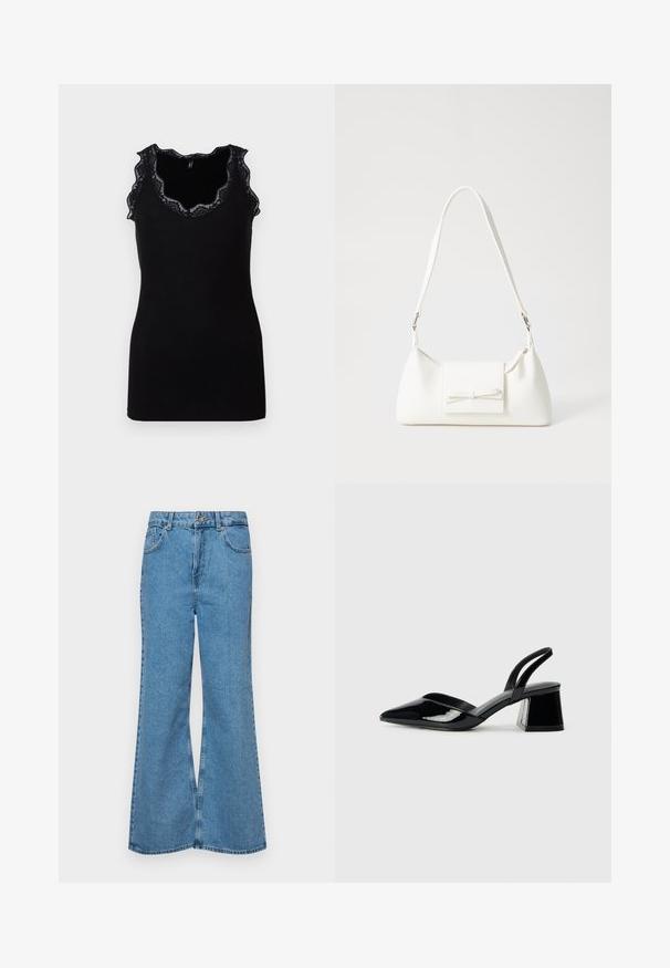 Zwarte tanktop met ribbelstructuur en gegolfde kantafwerking langs de halslijn en armsgaten. Getailleerd design, zonder mouwen, eenvoudige silhoutte.; Lichtblauwe flared jeans van denim, met een hoge taille, vijf zakken en een enkele knoopsluiting. Zachte textuur met een vervaagde afwerking.; Zwarte gepatineerde leren slingback hakken met een spitse neus en een geometrische blokhak. Kenmerkt zich door een slank, minimalistisch ontwerp en een gladde textuur.; Witte synthetische handtas met een driehoekige vorm, platte voorklep en strikdetail, verstelbare schouderriem, gladde textuur en minimalistisch ontwerp.