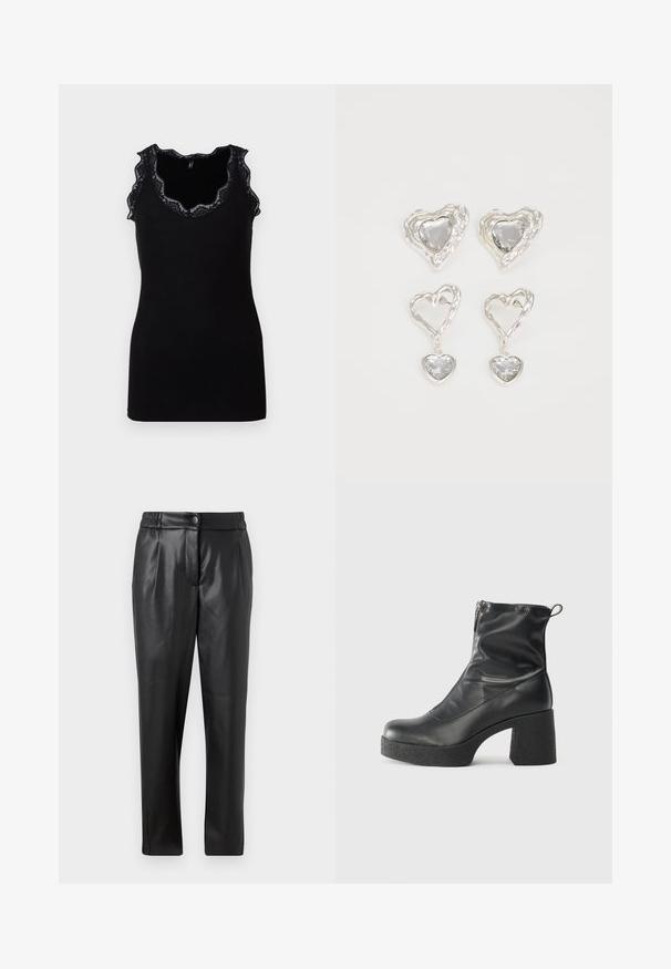 Top nero senza maniche con texture a coste e rifiniture in pizzo ondulato lungo il collo e le armhole. Design aderente, silhouette semplice.; Pantaloni di pelle nera con una texture liscia, vestibilità dritta, cintura elastica e chiusura con bottone frontale; dettagli plissettati e gambe affusolate.; Stivali neri alla caviglia in pelle liscia, con zip laterale, tacco spesso e texture, e punta arrotondata.; Orecchini a forma di cuore in argento con pietre trasparenti sfaccettate, accompagnati da una cornice texturizzata. Il set include stili a bottone e a goccia.