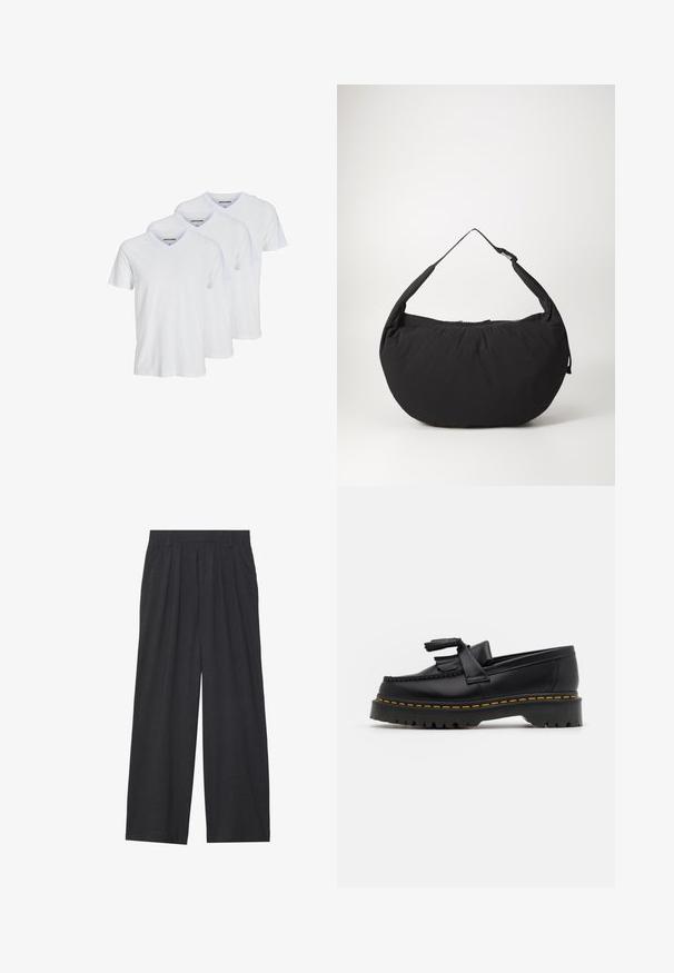 Drei weiße kurzärmlige V-Ausschnitt-T-Shirts aus Baumwolle, die ein schlichtes Design mit farblich abgesetztem Ausschnitt und dezentem Markenlogo auf der Innenseite aufweisen.; Weit geschnittene Hosen aus dunkelgrauem Stoff. Merkmale sind Falten an der Taille, ein maßgeschneiderter Schnitt und eine gerade Silhouette.; Schwarze Lederloafers mit einem fransenverzierten Akzent, ausgestattet mit einer robusten schwarzen Sohle und gelber Naht entlang der Kante. Texturierte Oberfläche.; Schwarze Schultertasche aus Stoff mit geschwungener Form, ausgestattet mit einem einzigen Tragegurt und einem Reißverschluss. Weiche Textur, minimalistisches Design.
