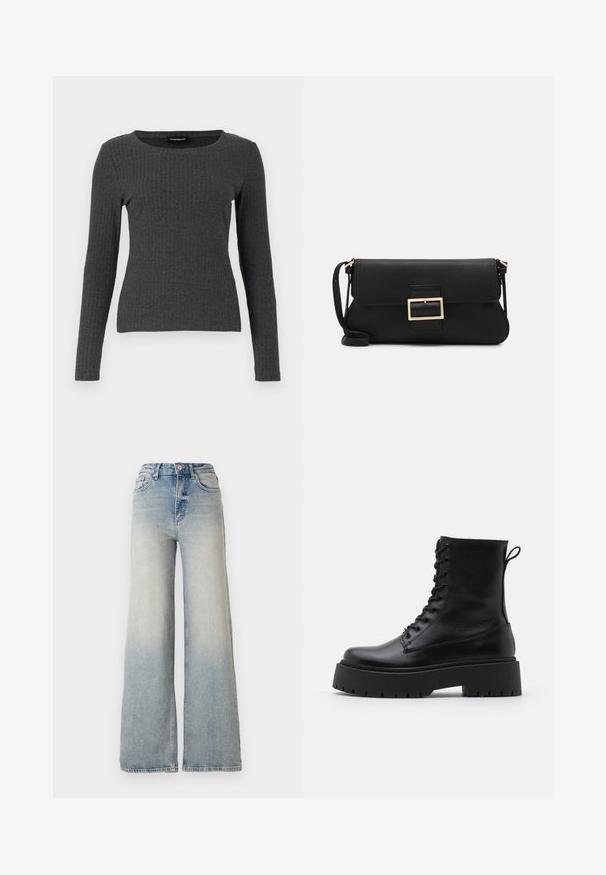 Even&Odd - Bluzka z długim rękawem; Jasnoniebieskie dżinsy o szerokich nogawkach, wykonane z denimu, z wysokim stanem, pięcioma kieszeniami i widocznym przeszyciem wzdłuż szwów.; Czarne skórzane botki za kostkę z okrągłym noskiem, sznurówką z przodu i grubą gumową podeszwą z teksturowanym bieżnikiem. Pętelka do zakładania z tyłu.; Czarna skórzana torebka kopertowa z klapką i detalem w postaci złotej metalowej klamry. Zawiera czarny pasek oraz elegancki, minimalistyczny design.; Złote kolczyki w kształcie cienkich okrągłych obręczy, o gładkim metalicznym wykończeniu, bez zdobień czy wzorów.
