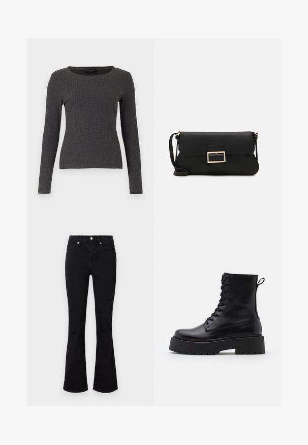 Even&Odd Pikkade varrukatega topp - dark grey melange; Mustad flared teksasaapad, millel on keskmise tõusuga vöökoht, eesmine taskud ja nupplikuga kinnistus. Sile tekstuur minimaalse õmbluste detailidega.; Mustad mustad nahast pahkluu saapad ümarate varvastega, nööridega esiosas ja paksu kummist talla ning tekstuuritud mustriga. Tagumine tõmbeaas.; Must haben musta nahkklahviga kott, millel on klapp ja kuldne metallist pandla detail. Kaasas must rihm ja stiilne, minimalistlik disain.