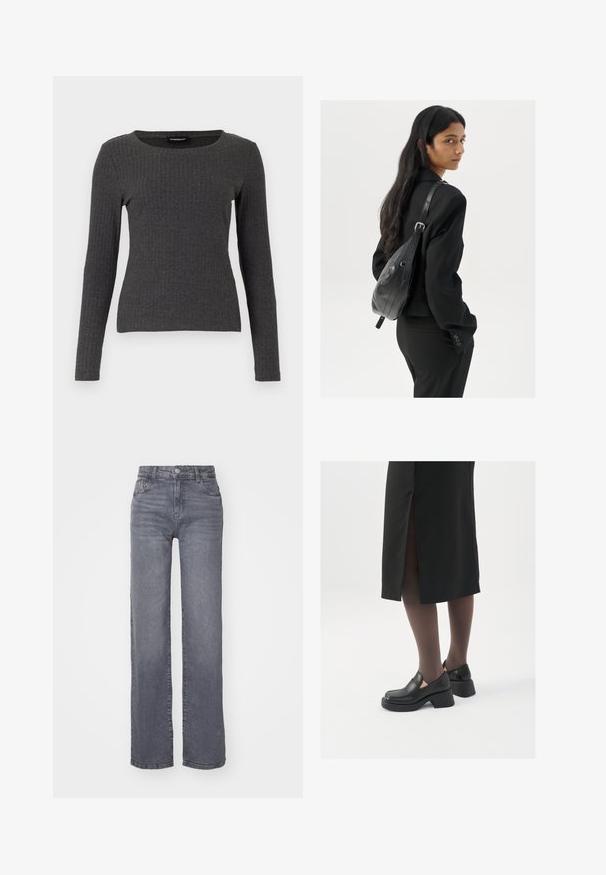 Even&Odd Pitkähihainen paita - dark grey melange; Harmaat leveät farkut, jotka on valmistettu sileästä denim-kankaasta. Niissä on nappi- ja vetoketjukiinnitys sekä viisi taskua.; Mustat nahkakengät pyöreällä kärjellä, paksulla lohkopohjalla ja joustavilla sivuakkesseilla, yhdistettynä tummiin sukkahousuihin ja mustaan hameeseen, jossa on halkio.; Nainen, jolla on pitkä tumma hius, pukeutuneena mustaan pukuun, kantaa mustaa nahkatoimistolaukku ja katsoo yli olkansa valkoista taustaa vasten.