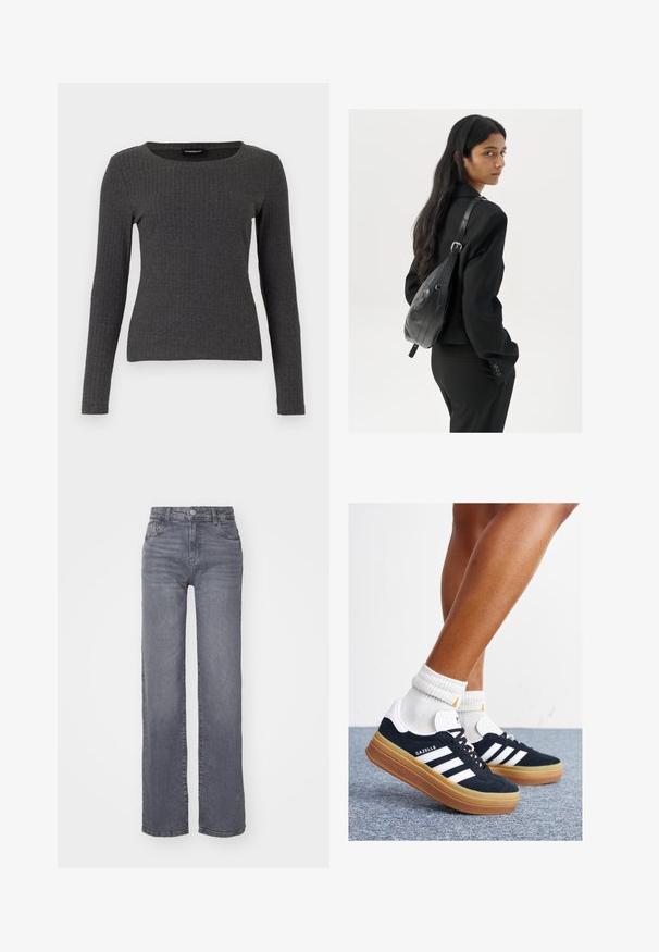 Even&Odd - Bluzka z długim rękawem; Szare dżinsy o szerokich nogawkach wykonane z denimu o gładkiej strukturze, z zapięciem na guzik i zamek błyskawiczny oraz pięcioma kieszeniami.; Czarne zamszowe trampki z białymi paskami i akcentami, zaokrąglonym noskiem, gumową podeszwą w kolorze jasno-brązowym, zestawione z białymi żebrowanymi skarpetkami do kostki.; Kobieta z długimi ciemnymi włosami, ubrana w czarny garnitur, trzymająca czarną skórzaną torbę na ramię, spoglądająca przez ramię na białym tle.