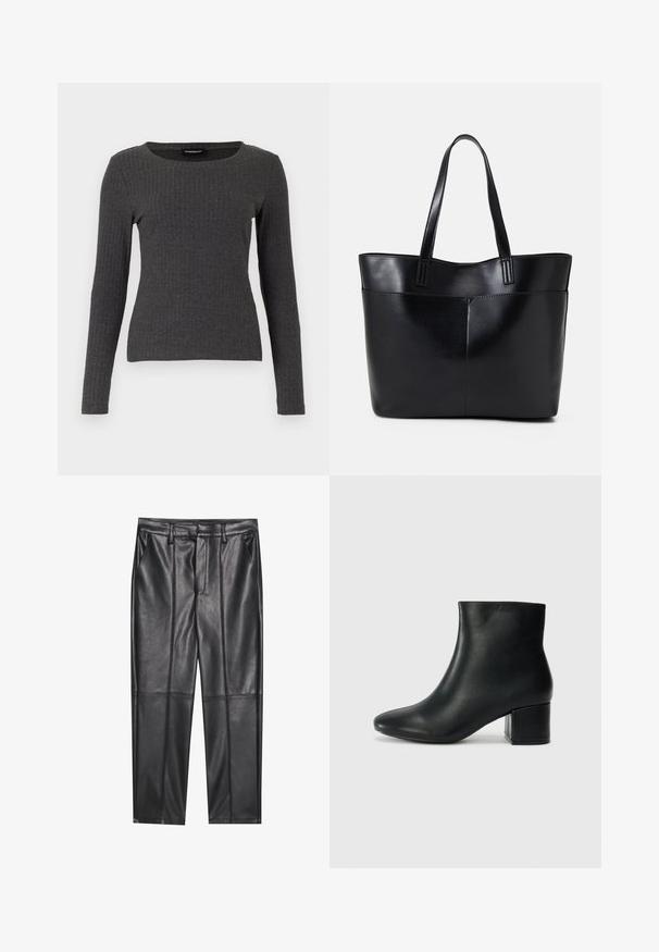 Even&Odd Topper langermet - dark grey melange; Sorte lærbukser med en glat tekstur, der har en lige pasform, to forlommer og synlige sømdetaljer.; Sorte skinn ankelsko med spiss tå og chunky hæl. Glatt tekstur med minimale detaljer og et elegant, tettsittende design.; Svart lær toteveske med to lange håndtak, en glatt tekstur og en strukturert form. Har en frontlomme for ekstra oppbevaring.