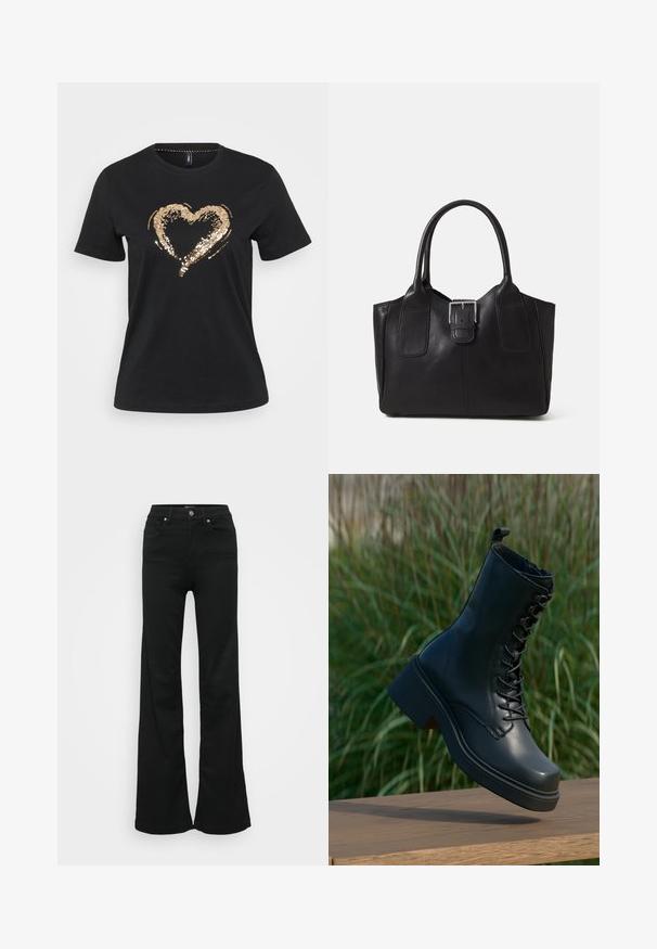 Črna majica s kratkimi rokavi iz bombaža, ki ima zlat dizajn srca iz bleščic na sredini, kar ustvarja teksturiran in odseven detajl.; Črne razširjene kavbojke iz denima, z visokim pasom, petimi žepi in kovinskim gumbom za zapiranje. Gladka tekstura z minimalnimi detajli.; Črne usnjene gležnjarje z okroglo konico, zavezovanjem spredaj in debelim, masivnim peto. Imajo podrobno šivanje in gladko teksturo površine.; Črna usnjena torba s gladko teksturo, strukturirano obliko, dvema ročkama in izrazitim srebrnim sponko na sprednji strani.