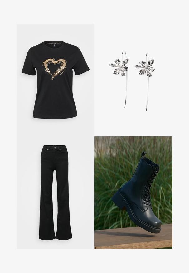 Black short-sleeve t-shirt made of cotton featuring a gold sequined heart design in the center, creating a textured and reflective detail.; Black flared jeans made from denim, featuring a high waist, five pockets, and metal button closure. Smooth texture with minimal detailing.; Black leather ankle boots with a round toe, lace-up front, and thick, chunky heel. Features detailed stitching and a smooth surface texture.; Silver flower-shaped earrings with a textured finish, featuring long hooks and petal-like details for an intricate design.