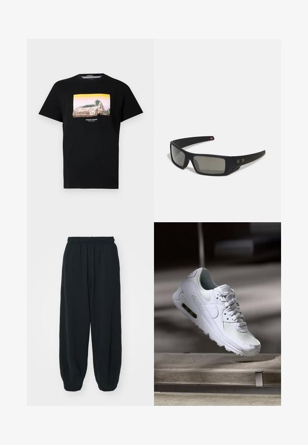T-shirt de algodão preta com uma impressão gráfica de um carro e elementos de design em rosa e amarelo. Gola redonda e mangas curtas.; Calças de fato de treino pretas, com cintura elástica e um corte solto, com punhos nas pernas, textura suave e sem padrões visíveis ou detalhes de metal.; Sapatilha Nike Air Max 90 branca com parte superior em malha e couro, caixa de dedos perfurada e uma unidade de ar visível no calcanhar.; Óculos de sol pretos com acabamento mate, lentes retangulares, leve curvatura nas hastes, detalhe sutil do logo e lentes de cor fumada.