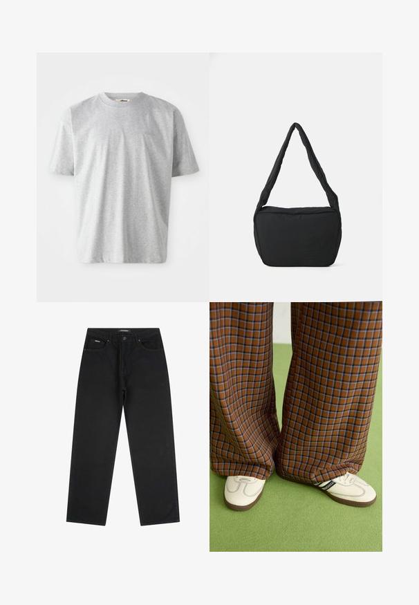 Gray short-sleeve t-shirt made from soft fabric. Features a round neckline and a subtle logo embroidered on the front.; Black straight-leg jeans with front button and zipper, belt loops, and five-pocket design, laid flat on a white background.; Brown and blue plaid wide-leg trousers paired with white shoes featuring black accents and textured soles, set against a green background.; Black shoulder bag with a padded texture, a rounded shape, and a wide strap, featuring an embossed logo on the front.