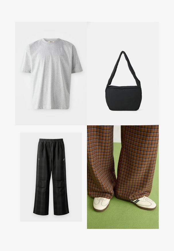 T-shirt cinza de manga curta feito de tecido macio. Apresenta um decote redondo e um logótipo subtil bordado na parte da frente.; Calças pretas em padrão xadrez com cintura elástica, dois bolsos frontais e um ajuste solto com design de perna reta. Feitas de material leve.; Calças largas em padrão xadrez castanho e azul, combinadas com sapatos brancos com detalhes pretos e solas texturizadas, contra um fundo verde.; Saco preto de ombro com uma textura almofadada, uma forma arredondada e uma alça larga, apresentando um logótipo em relevo na parte da frente.