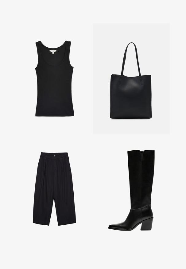 Czarny bezrękawnik z okrągłym dekoltem; wykonany z gładkiego, elastycznego materiału; wewnątrz znajduje się metka z napisem "M&S".; Czarne spodnie culotte z poliestru z elastycznym pasem, dwoma fałdami z przodu i luźnym krojem. Brak widocznych wzorów lub elementów metalowych.; Czarne kozaki do kolan wykonane z gładkiej skóry, z ostro zakończonym noskiem, blokowym obcasem i wycięciem w kształcie litery V na górze.; Czarna skórzana torba tote o gładkiej fakturze, prostokątnym kształcie i dwóch długich uchwytach. Brak widocznych elementów metalowych i ozdób.
