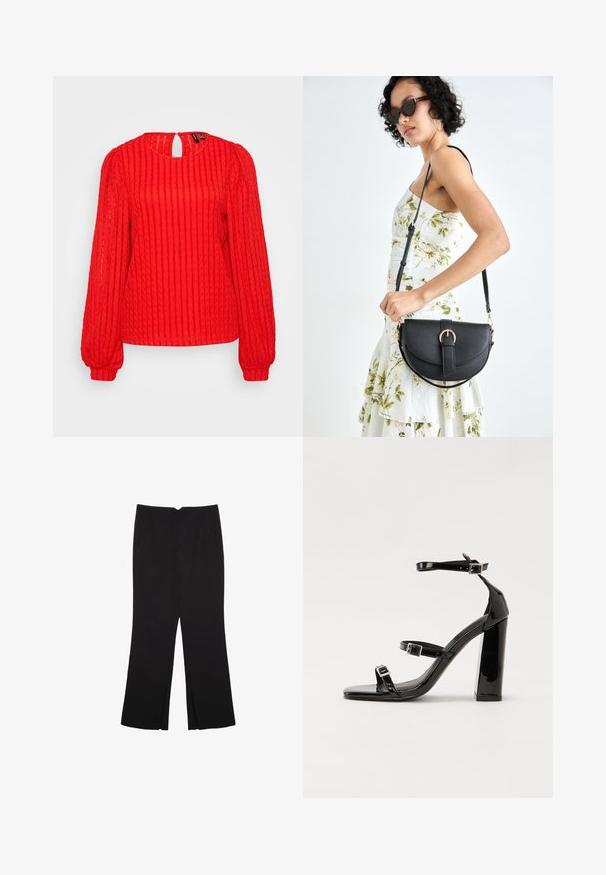 Röd stickad tröja med vertikala ribbor, långa puffärmar, rund halsringning med nyckelhål bak och avslappnad passform.; Svarta byxor med rak passform, utrustade med framfickor och sidoklyvningar vid fållen. Tillverkade av mjukt, slätt tyg. Lämpliga för olika tillfällen.; Svarta lackerade högklackade sandaler med två spännband, fyrkantig tå och en tjock klack, med en slät och glansig yta.; Svart läderhandväska med en böjd form, avtagbar rem och guldiga detaljer. Väskan har ett lock med en spänndetalj.