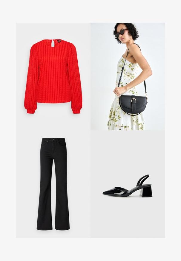 Crvena pletena vestica s okomitim rebrima, dugim napučenim rukavima, okruglim izrezom s otvorom na leđima i opuštenim krojem.; Crne traperice s proširenim nogavicama, visokog struka, s pet džepova, prednjim dugmetom i zatvaranjem na patentni zatvarač, glatke teksture.; Crne lakirane kožne sandale s otvorenom petom i špicastim vrhom, s geometrijskom blok petom. Imaju elegantan, minimalistički dizajn i glatku teksturu.; Crna kožna torba s lukovitim oblikom, odvojivim remenom i zlatnim detaljima. Torba ima preklop s kopčom.