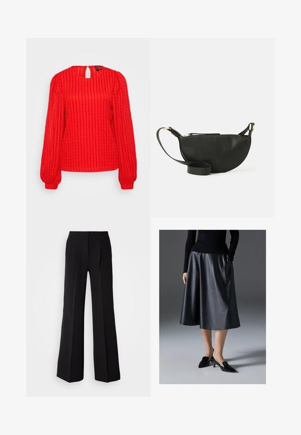 Κόκκινο πλεκτό πουλόβερ με κάθετους πλεχτούς, μακριά φουσκωτά μανίκια, στρογγυλή λαιμόκοψη με ανοιχτό πίσω μέρος και άνετη γραμμή.; Μαύρο παντελόνι από απαλό ύφασμα, με ψηλή μέση, φαρδιά γραμμή και δύο πιέτες μπροστά για επιπλέον σχεδιαστική λεπτομέρεια.; Μαύρη δερμάτινη μίντι φούστα με λεία υφή; διαθέτει ζώνη στη μέση και πλάγιες τσέπες. Συνδυασμένη με γυαλιστερά μαύρα τακούνια.; Μαύρη δερμάτινη τσάντα χιαστί σε σχήμα ημισελήνου, με υφή στην επιφάνεια, χρυσό φερμουάρ και επίπεδη ζώνη. Συμπαγής σχεδίαση κατάλληλη για τα βασικά σας αντικείμενα.; Ασημένια σκουλαρίκια με κυματιστό, γλυπτικό σχέδιο που διαθέτουν γυαλιστερή φινίρισμα και ακανόνιστα σχήματα, αναδεικνύοντας μια σύγχρονη αισθητική.