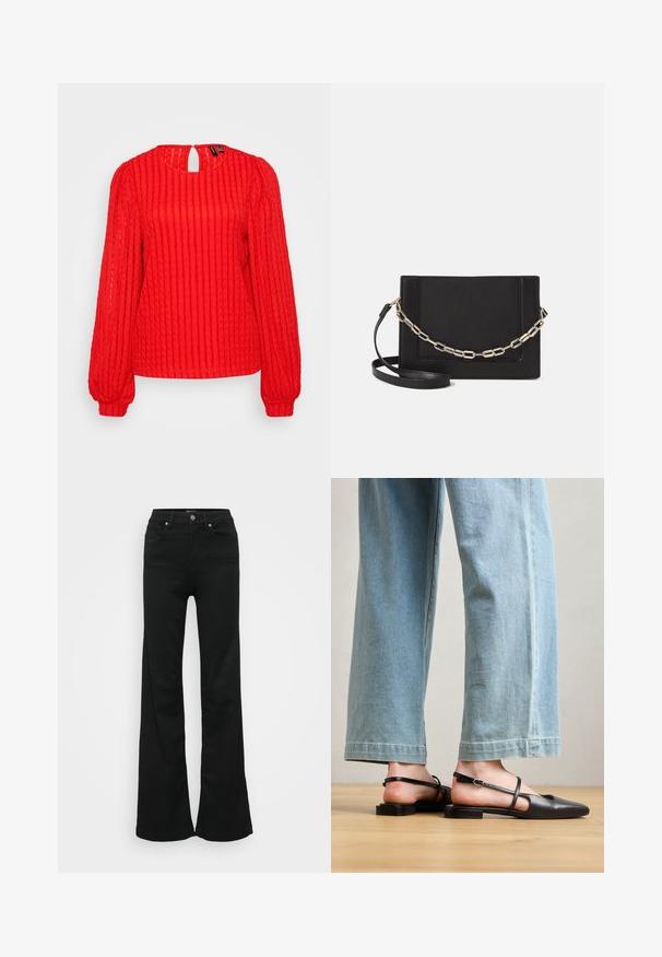 Red knit sweater featuring vertical ribbing, long puffed sleeves, a round neckline with a keyhole back, and a relaxed fit.; Black flared jeans made from denim, featuring a high waist, five pockets, and metal button closure. Smooth texture with minimal detailing.; Black leather slingback shoes with a pointed toe, flat heel, and ankle strap; worn with light blue wide-leg jeans.; Black leather crossbody bag featuring a smooth texture, rectangular shape, and a metallic chain detail on the front. Adjustable strap included.