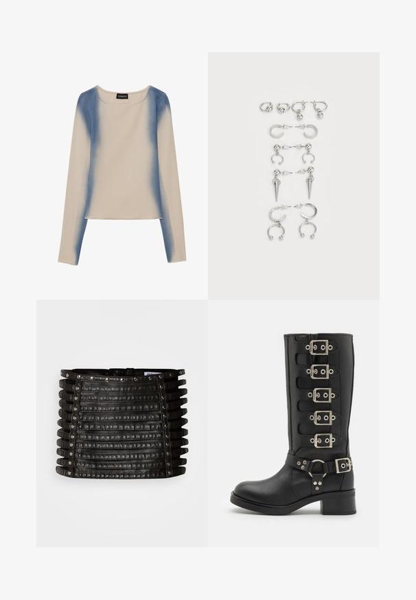 Pitkähihainen paita vaaleassa beigeissä, jossa on liukuvärjätty sininen kuvio. Sileä pinta, pyöreä pääntie ja suora helma.; Musta nahkainen minihame, jossa on vaakasuoria hihnatyylisiä yksityiskohtia ja hopeisia niittejä yläreunassa ja pystysuorilla sivuilla.; Musta polvipituiset saappaat, jotka on valmistettu sileästä nahasta. Niissä on kuusi hopeista solkea, leveä hihna O-renkaalla ja tukeva lohkare korko.; Sarja hopeisia korvakoruja, joissa on erilaisia muotoiluita: rengas-, nappi- ja roikkuvat tyylit, joissa on pallomaisia korostuksia ja teräviä elementtejä.