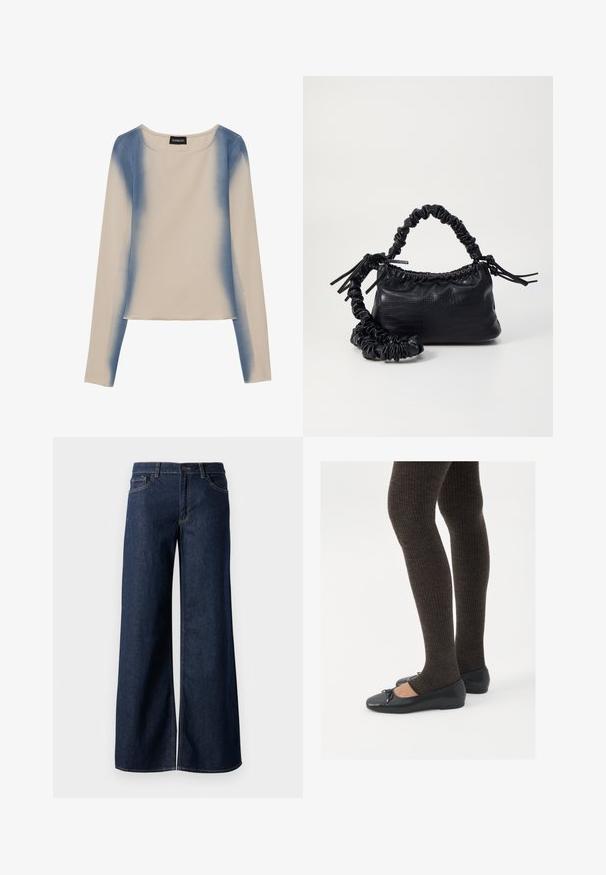 Camiseta de manga larga en color beige claro, con un diseño en degradado azul. Textura suave, con cuello redondo y línea de dobladillo recta.; Jeans de pierna ancha en denim azul oscuro. Presenta costuras en contraste, cinco bolsillos y un cierre de botón en la cintura. Textura suave.; Zapatos planos negros con un pequeño lazo en la punta, combinados con medias de punto en marrón oscuro. Los zapatos tienen una textura suave y un perfil bajo.; Bolso de mano de imitación cuero negro con textura de cocodrilo, parte superior fruncida y correa arrugada. Presenta un diseño suave y compacto.