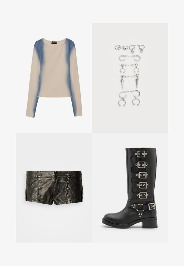 Garsija ar garām piedurknēm gaisā bežā krāsā, ar gradienta zilu dizainu. Gluda tekstūra ar apaļu kakla izgriezumu un taisnu apakšmalu.; Melnas ādas zemas staras šorti ar dekoratīvām metāla pogām priekšpusē un sānos, ar priekšējām kabatām un šuvju detaļām.; Melni ceļgalu zābaki, kas izgatavoti no gludas ādas, ar sešām sudraba sprādzēm, plašu siksnu ar O-gredzenu un izturīgu bloku papēdi.; Sudraba auskaru komplekts ar dažādiem dizainiem: riņķi, studē un karājoši stili, ar bumbu akcentiem un izliektiem elementiem.