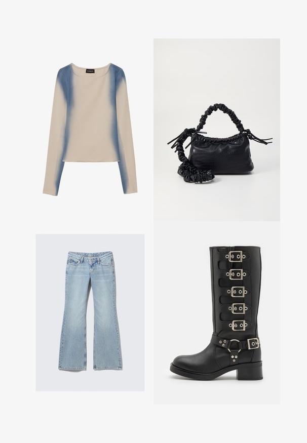 Hosszú ujjú póló világos bézs színben, árnyékos kékkel díszítve. Simaságával és kerek nyakú, egyenes aljú kialakításával tűnik ki.; Weekday NOVA - Karcsúsított farmerek - lip blue; Fekete, térd fölé érő csizma sima bőrből, hat ezüst csattal, széles pánttal, O-gyűrűvel és masszív blokksarkával.; Fekete műbőr kézi táska krokodil bőr textúrával, összehúzható tetejű és gyűrt pánttal. Lágy és kompakt dizájnúnak tűnik.